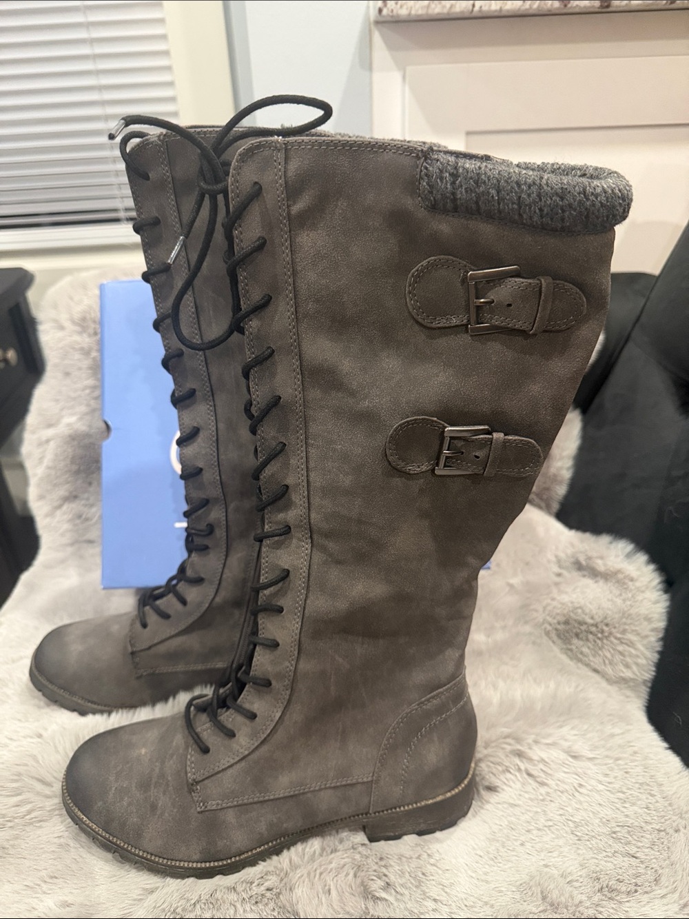 NWT Jellypop Tomi Charcoal Lace Up Riding Boots Gray Faux Suede Tall Flat Shoes - Picture 5 of 9